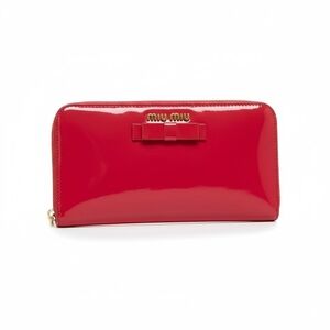 Miu Miu Patent Leather Continental Wallet with Bow Accent In Peony Pink And Gold